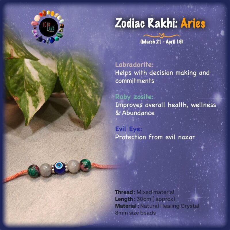 crystal healing rakhi for raksha bandhan 2023 for zodiac sign of Aries. celebrate bhaidooj, rakshabandhan, bhabhi rakhi, lumbha,